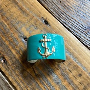 Metal nautical cuff bracelet green enamel with gold anchor